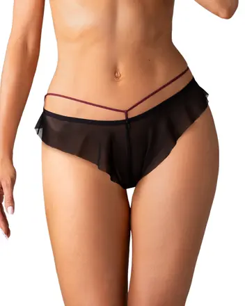 Fekete női alsó fodorral és bordó pántokkal PARISEL PANTIES Obsessive