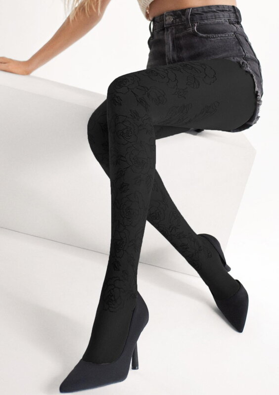 Divatos női harisnya fekete 3D rózsákkal GRACE B04 40 DEN Marilyn